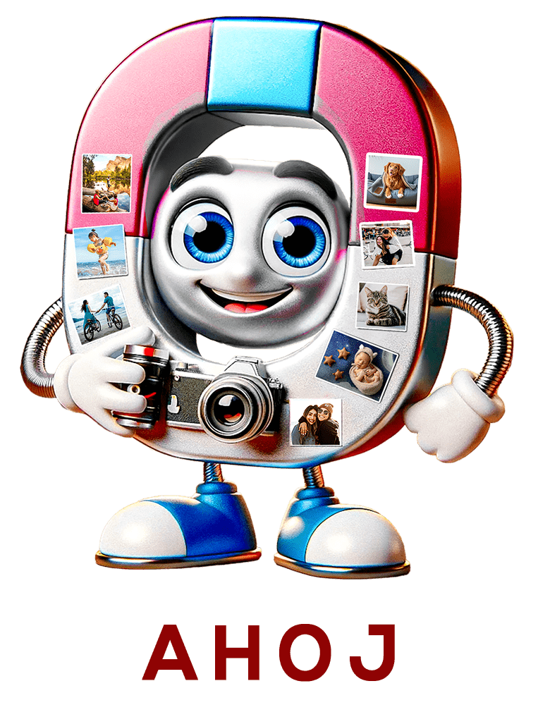 Usmievavý robot drží fotoaparát, slovo "AHOJ" под ním.