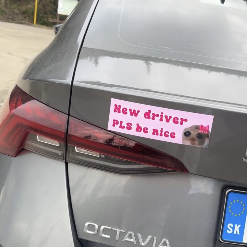Auto s nálepkou "Nový vodič, buďte prosím milí".