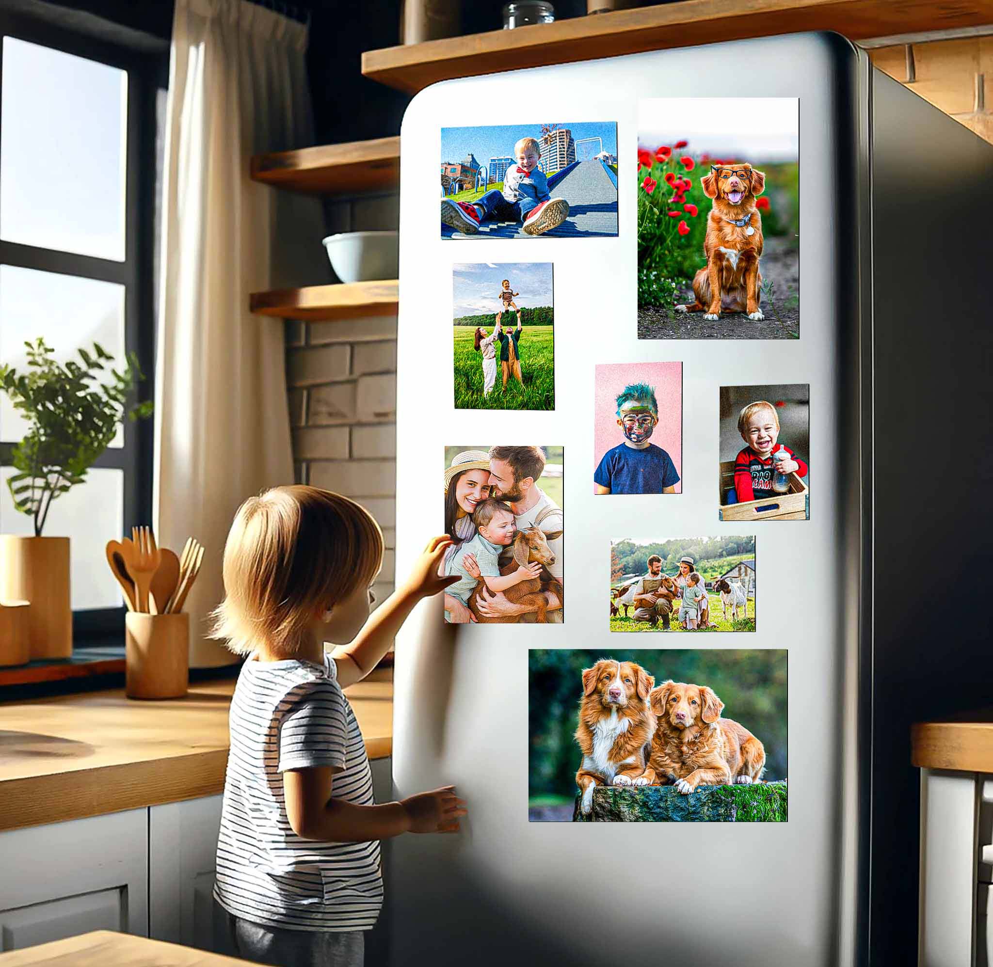 Dieťa ukazuje na fotky na chladničke.