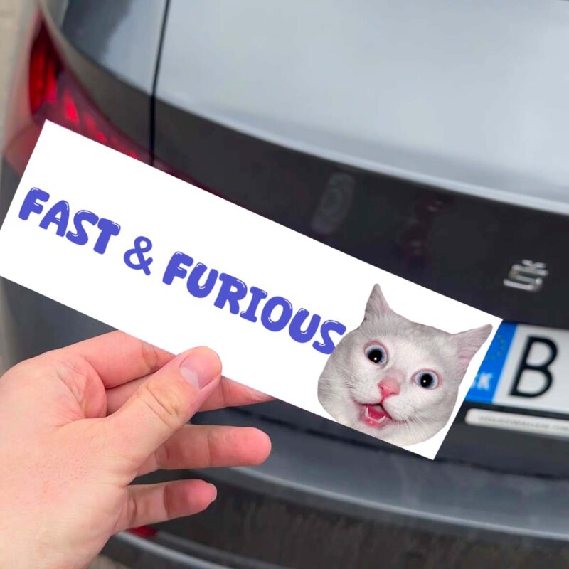 Nálepka "Fast & Furious" s mačacou tvárou.