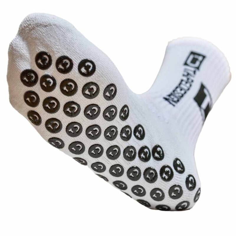 Biela športová ponožka s protišmykovými bodkami.