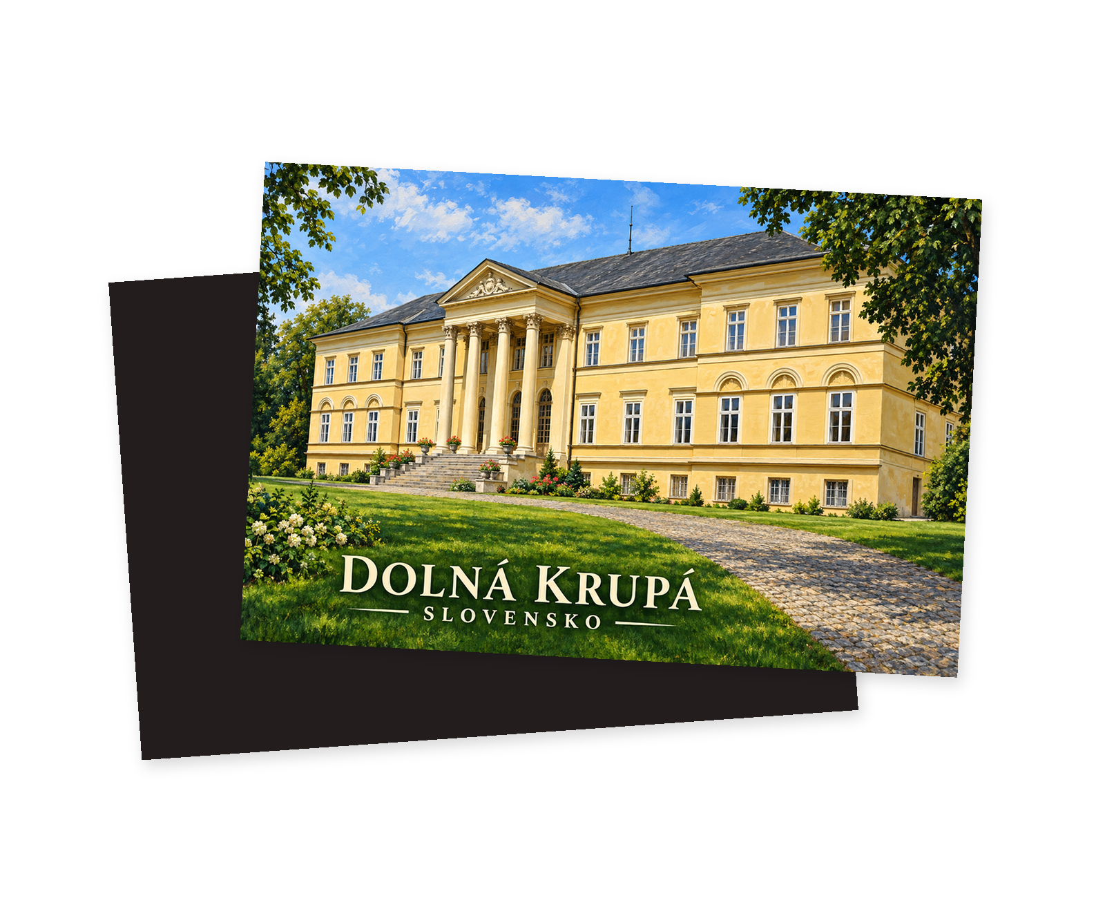 Náhľad magnetky Dolná Krupá s žltým kaštieľom, stĺpovým vstupom a schodiskom a názvom miesta; za prednou stranou je tmavá zadná strana na bielom pozadí.