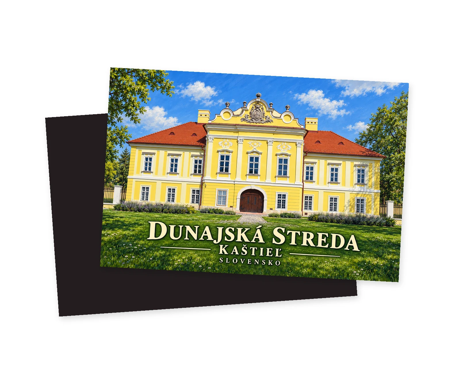 Náhľad magnetky: Grafické znázornenie historickej svetložltej budovy s pravidelnými oknami a členenou strechou v Dunajskej Strede.