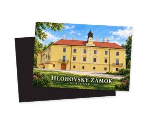 Náhľad magnetky HLOHOVSKÝ ZÁMOK so žltou fasádou, dvoma balkónmi, červenou strechou a hodinovou vežičkou; vedľa je tmavý rub.