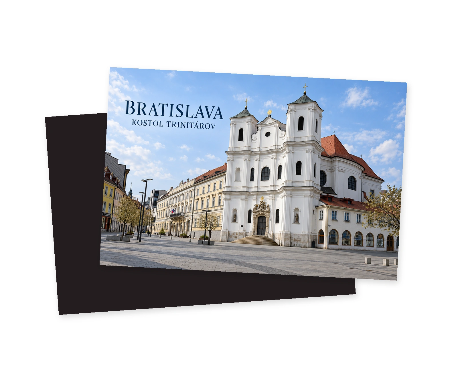 Grafický motív Kostola trinitárov na Župnom námestí v Bratislave so zobrazením čelnej fasády.