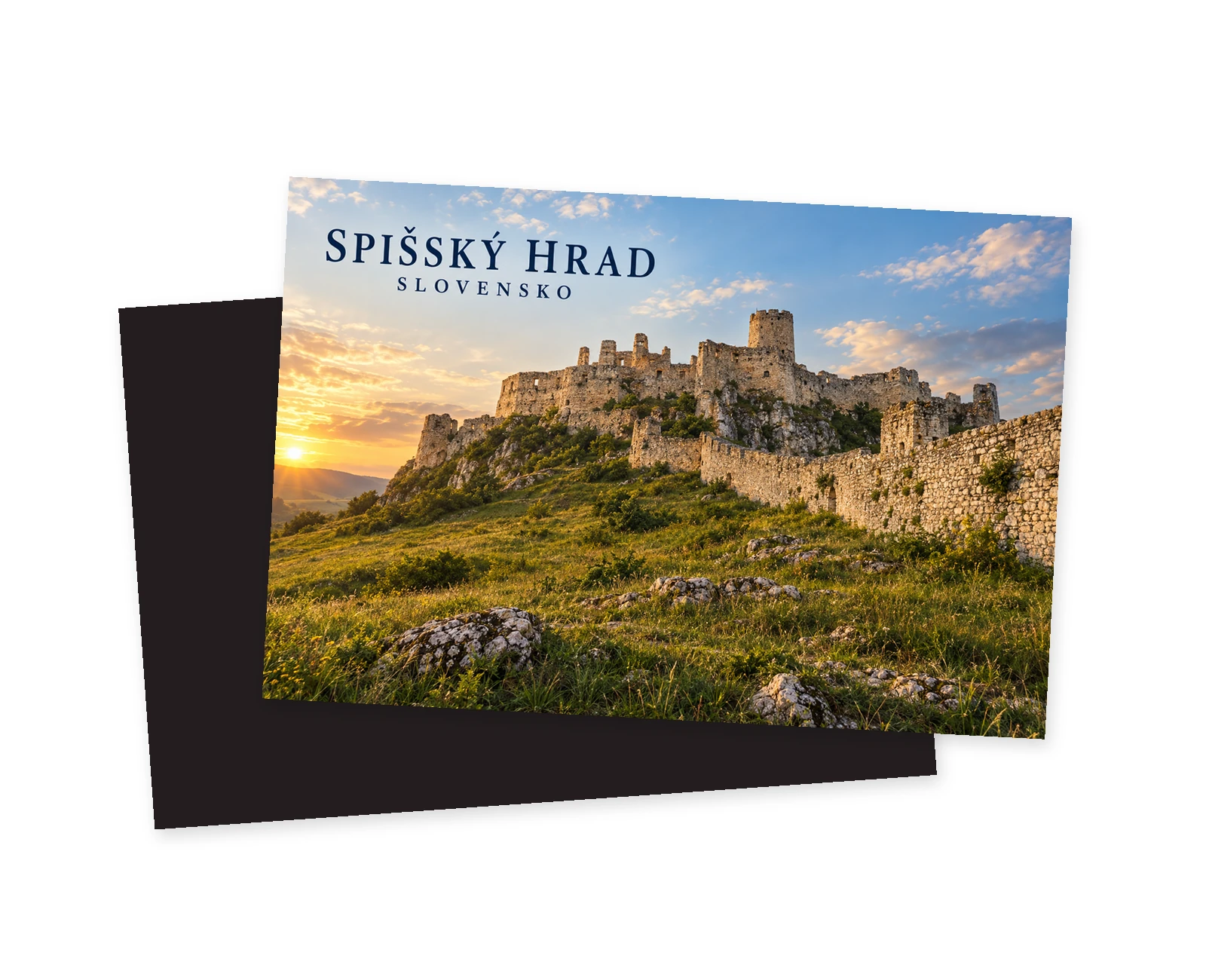 Grafika zobrazujúca kamenné ruiny Spišského hradu na zelenom svahu pod oblohou pri západe slnka s textom SPIŠSKÝ HRAD SLOVENSKO.