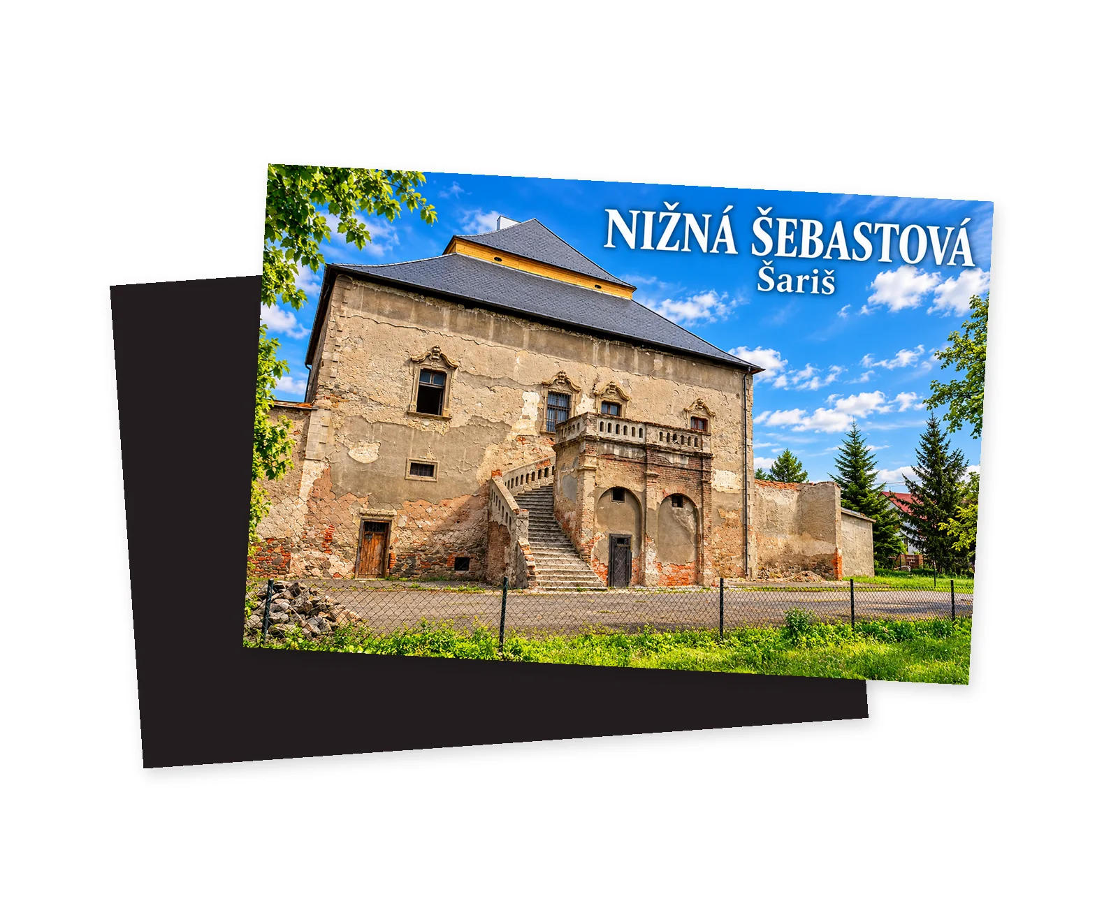 Grafický pohľad na renesančný kaštieľ v Nižnej Šebastovej so sivou strechou, kamenným schodiskom a nápismi NIŽNÁ ŠEBASTOVÁ a Šariš.