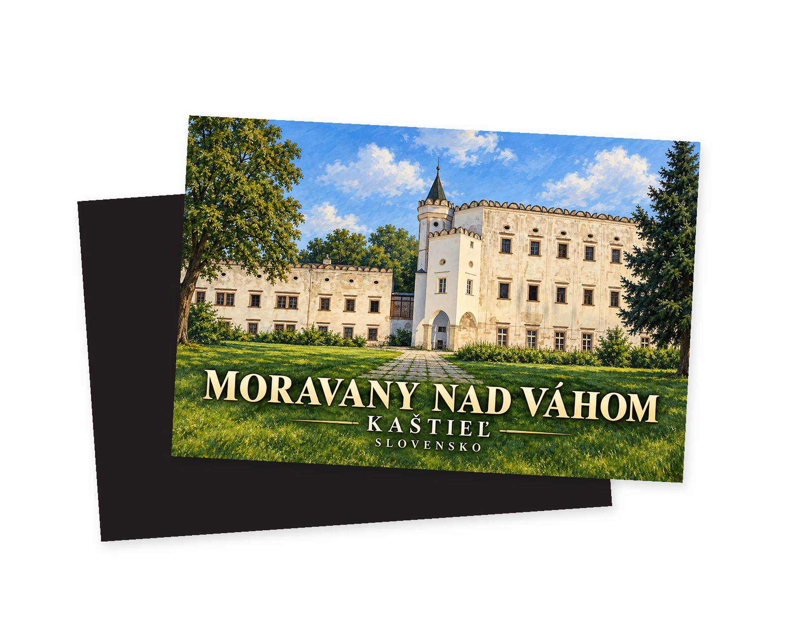 Náhľad magnetky: Grafické zobrazenie historickej budovy renesančného kaštieľa s výraznými štítmi a pravidelnými oknami v Moravanoch nad Váhom.