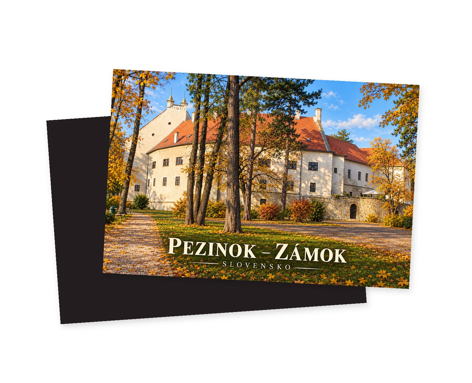 Predná a tmavá zadná strana magnetky Pezinok – zámok; svetlá fasáda s červenými strechami medzi stromami v jesennom parku.