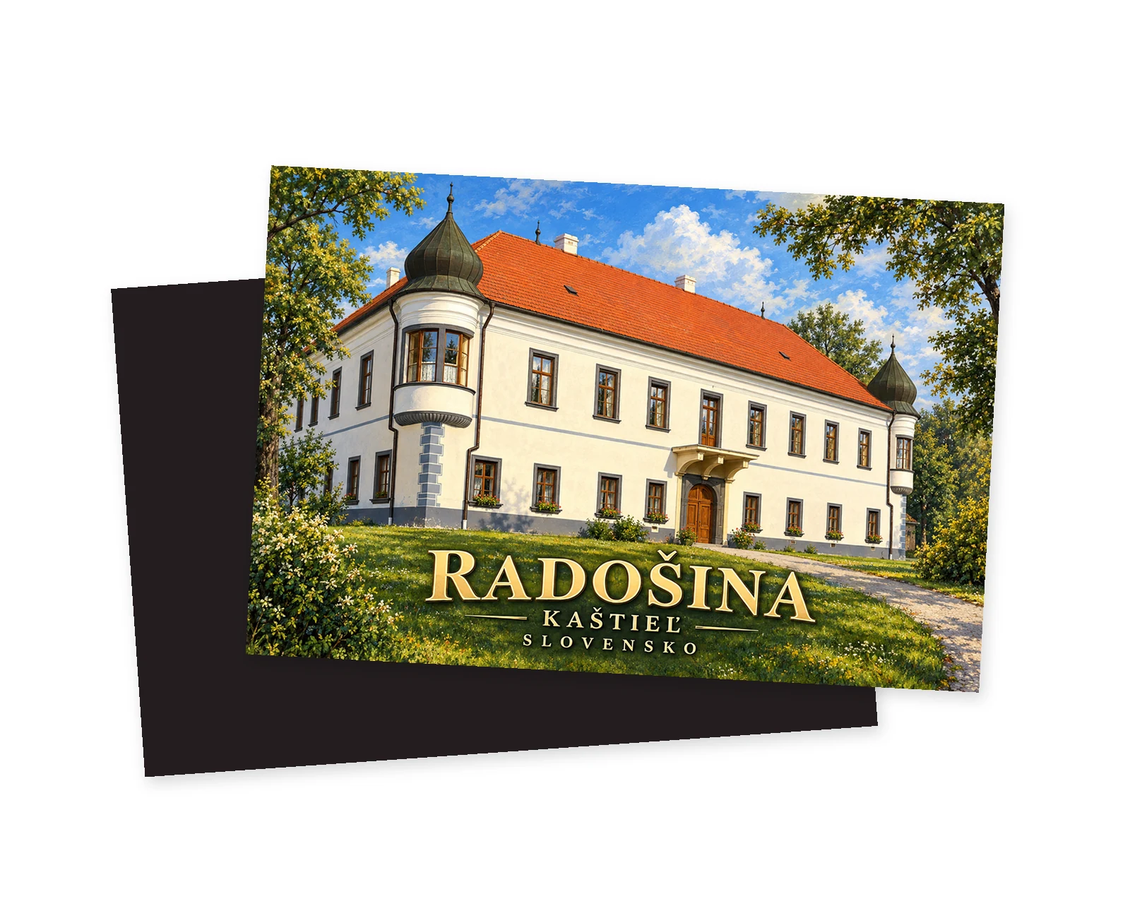 Náhľad magnetky: Grafické zobrazenie historickej budovy kaštieľa s pravidelnými radmi okien a výraznou strechou v Radošine.