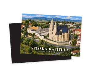 Náhľad magnetky Spišská Kapitula s katedrálou s dvoma vežami a okolitou krajinou a názvom miesta; za prednou stranou je tmavá zadná strana na bielom pozadí.